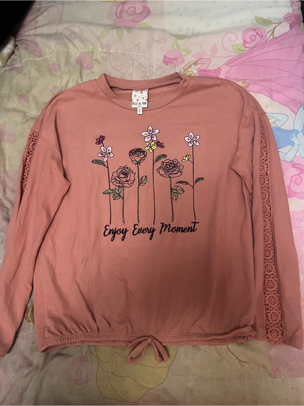 Floral "Enjoy Every Moment" Pink Lace Sleeve Sweatshirt